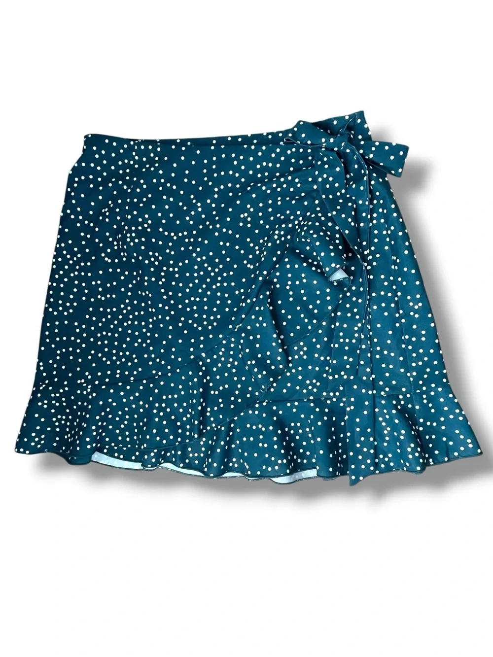 Teal Polka Dot Wrap Mini Skirt Ruffle Hem Coquette Y2K Feminine Cottagecore